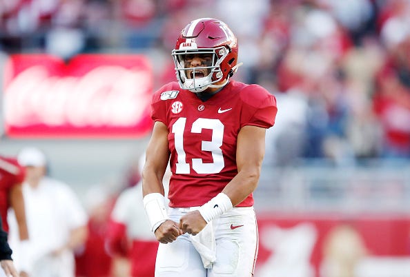 Tua Tagovailoa celebrates a big play for Alabama.