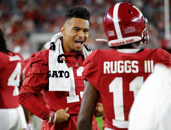 Tua Tagovailoa fires up his Alabama teammates.