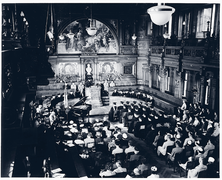 UMUC held its first Europe graduation ceremony (pictured here) in 1951 at the University of Heidelberg’s ornate Alte Aula auditorium.