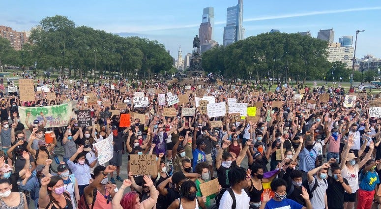 Protesters at the Art Museum steps