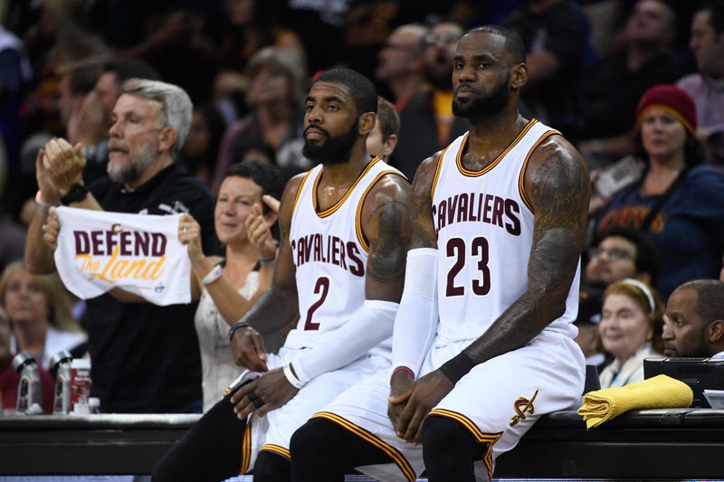 Cleveland Cavaliers guard Kyrie Irving (2) and forward LeBron James (23) during the second quarter in game four of the 2017 NBA Finals against the Golden State Warriors at Quicken Loans Arena.