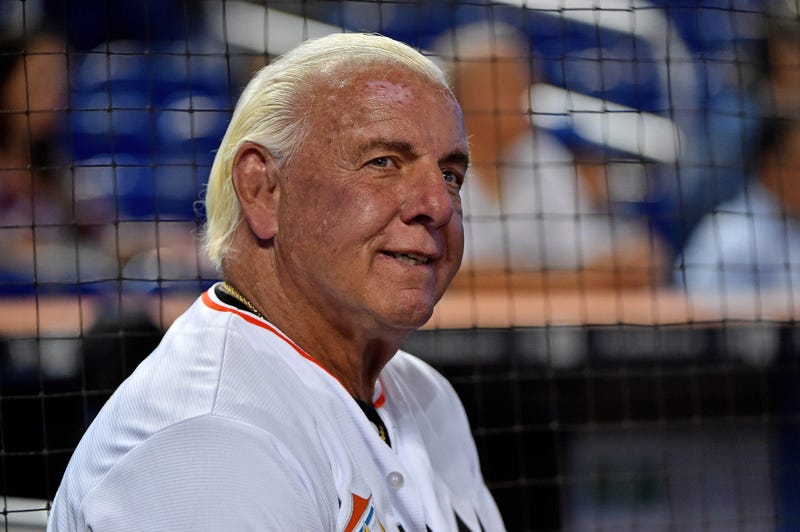 Jul 28, 2017; Miami, FL, USA; Former wrestling WCW and WWE wrestler Ric Flair warms up before throwing out the first pitch at Marlins Park prior to the game between the Cincinnati Reds and the Miami Marlins.