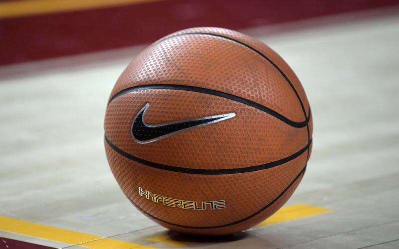 General overall view of a Nike basketball on the court during an NCAA basketball game.