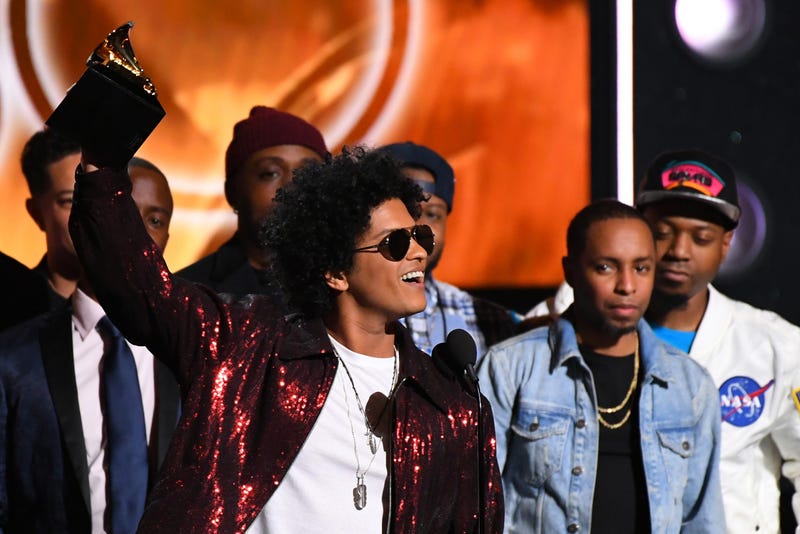 Bruno Mars accepts Album Of The Year for 24K Magic during the 60th Annual Grammy Awards at Madison Square Garden.