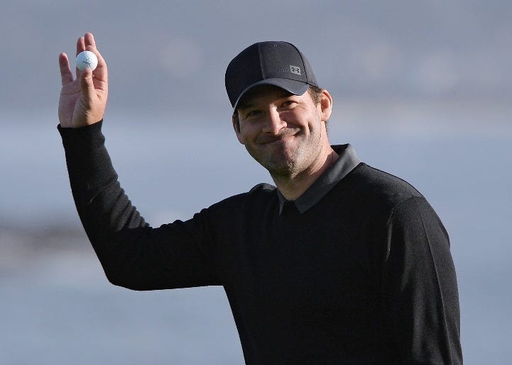 Feb 10, 2018; Pebble Beach, CA, USA; Tony Romo acknowledges the crowd on the 18th green during the third round of the AT&T Pebble Beach Pro-Am golf tournament at Pebble Beach Golf Link