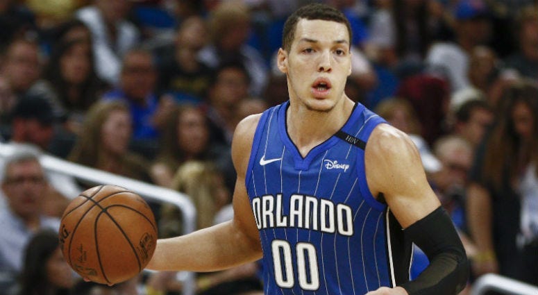 Aaron Gordon brings the ball down court against the Toronto Raptors during the second half at Amway Center in Orlando, Florida.