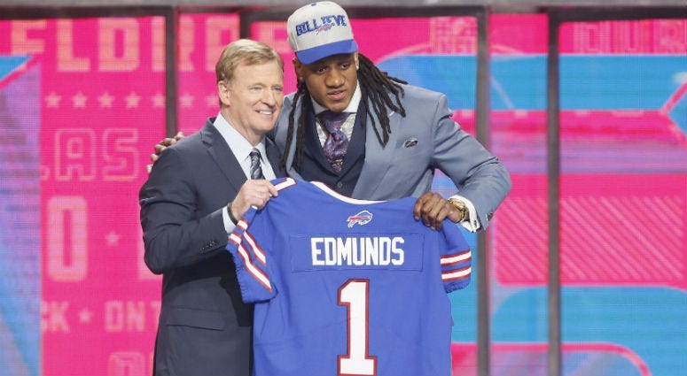 Tremaine Edmunds with Roger Goodell after being selected as the number sixteen overall pick to the Buffalo Bills in the first round of the 2018 NFL Draft at AT&T Stadium.