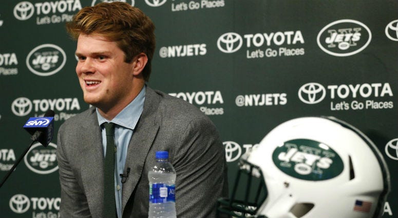 New York Jets first round draft pick quarterback Sam Darnold addresses the media at The Atlantic Health Jets Training Center.