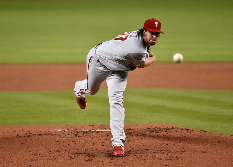 Philadelphia Phillies starting pitcher Aaron Nola (27) delivers a pitch in the first inning against the Miami Marlins at Marlins Park.