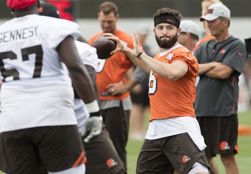 Cleveland Browns quarterback Baker Mayfield (6) throws a pass during training camp at the Cleveland Browns Training Complex.