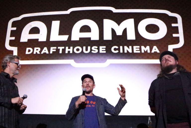 Actor and director Ethan Hawke, center, talks to a sold-out audience who saw a screening of the movie "Blaze"