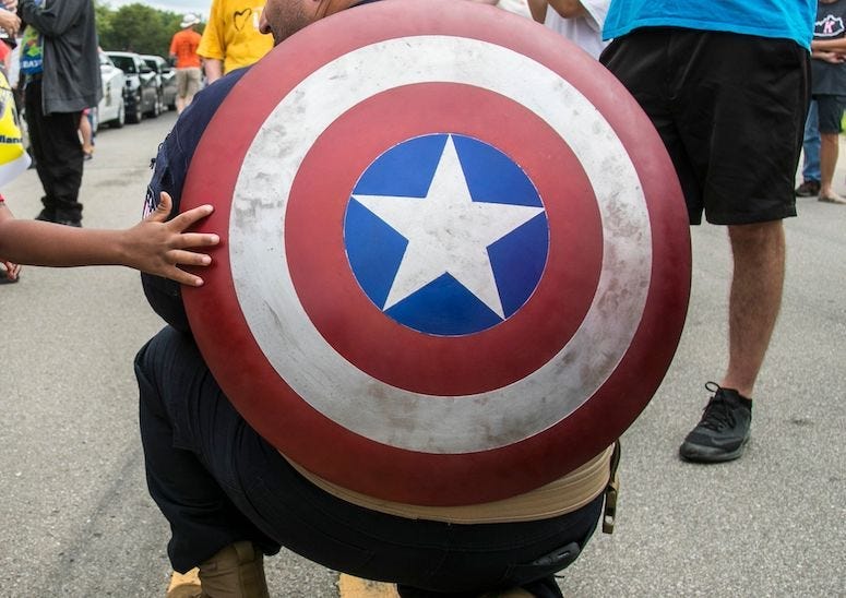 Captain America, Shield, Kneeling, Tiny Arm, Touching