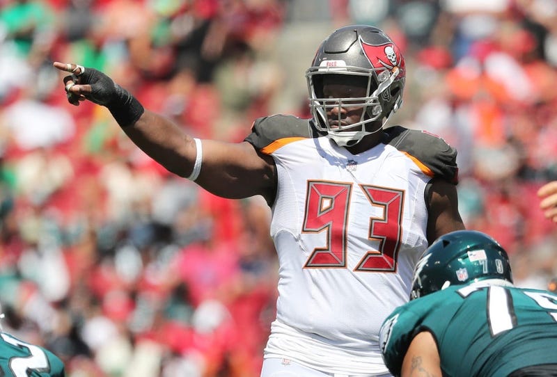 Sep 16, 2018; Tampa, FL, USA; Tampa Bay Buccaneers defensive tackle Gerald McCoy (93) points during the second quarter at Raymond James Stadium