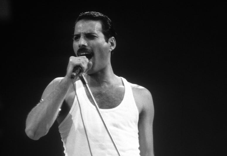 Freddie Mercury, Queen, Live Aid, Black and White, 1985