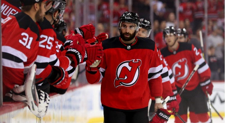 Kyle Palmieri celebrates after scoring a goal during the first period against the Washington Capitals at Prudential Center.