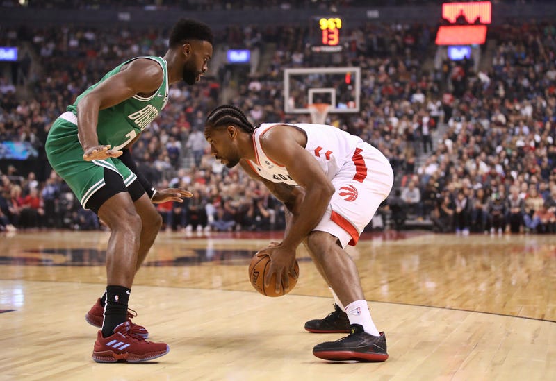 Celtics forward Jaylen Brown and Raptors forward Kawhi Leonard