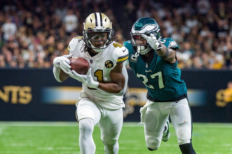 Nov 18, 2018; New Orleans, LA, USA; New Orleans Saints running back Alvin Kamara (41) runs the ball against Philadelphia Eagles strong safety Malcolm Jenkins (27) at the Mercedes-Benz Superdome