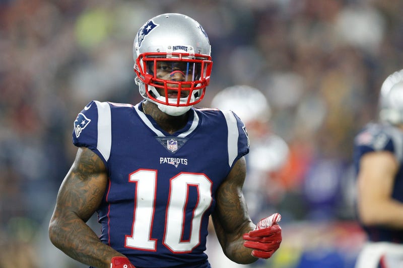 Dec 2, 2018; Foxborough, MA, USA; New England Patriots wide receiver Josh Gordon (10) reacts during the second quarter against the Minnesota Vikings at Gillette Stadium. Mandatory Credit: Greg M. Cooper-USA TODAY Sports