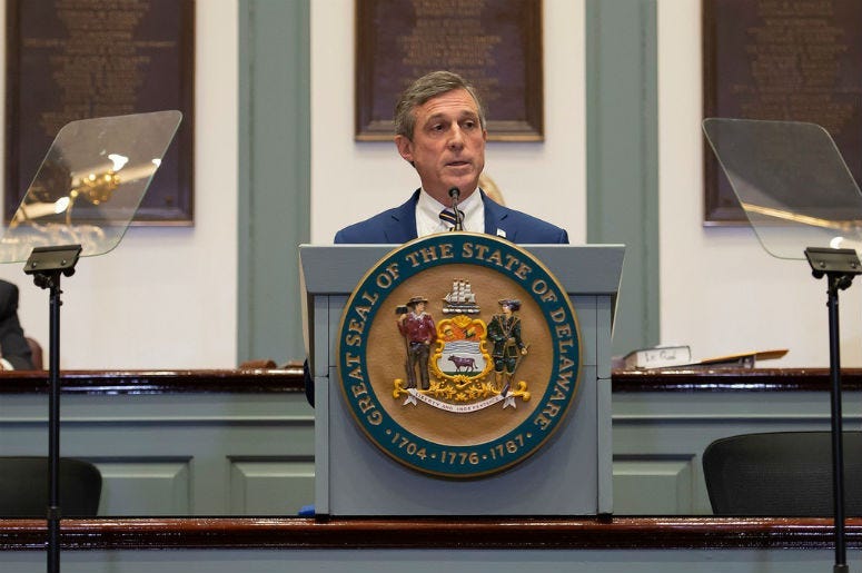 Governor John Carney gives his State of the State Address in the Senate Chambers.