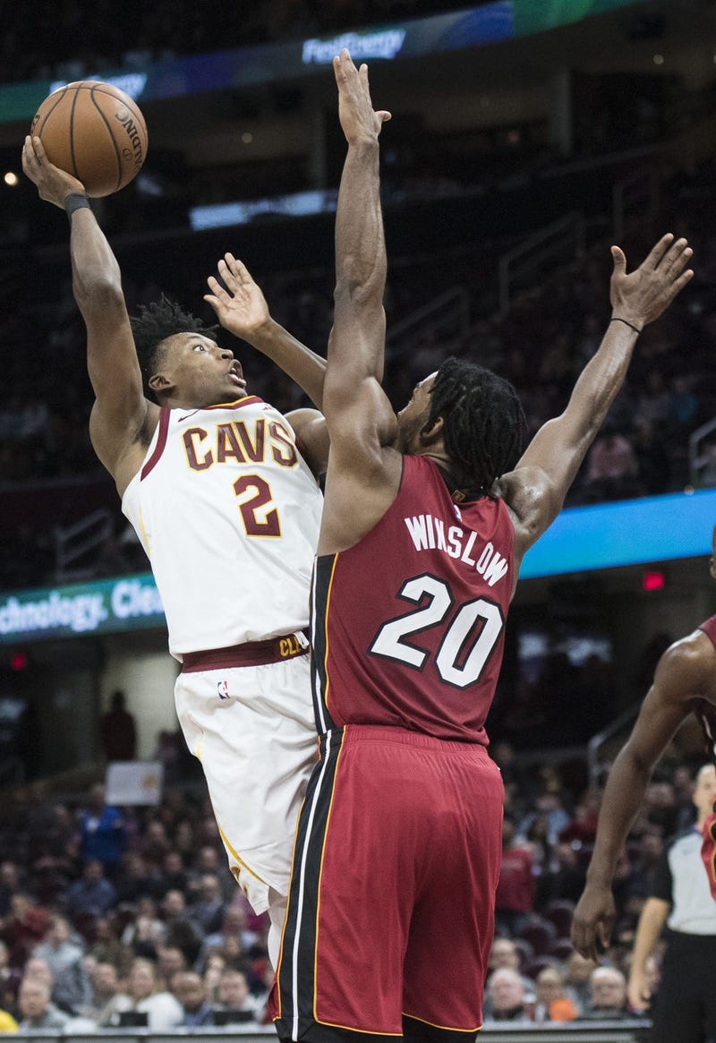 Cleveland Cavaliers guard Collin Sexton (2) shoots over the defense of Miami Heat forward Justise Winslow (20) during the second half at Quicken Loans Arena.