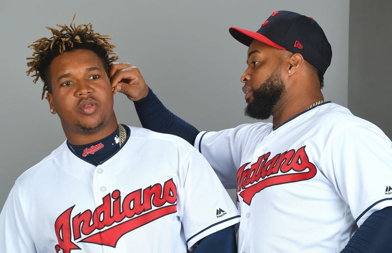 Feb 21, 2019; Goodyear, AZ, USA; Cleveland Indians starting pitcher Danny Salazar (31) checks out second baseman Jose Ramirez (11) earrings during media day at Goodyear Ballpark. Mandatory Credit: Jayne Kamin-Oncea-USA TODAY Sports