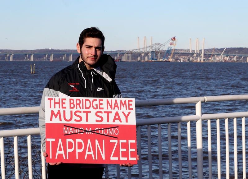 David Dunlop, 17, of Tappan has created a sign that has become popular among those who hope to change the name of the Gov. Mario M. Cuomo Bridge back to the Tappan Zee Bridge.