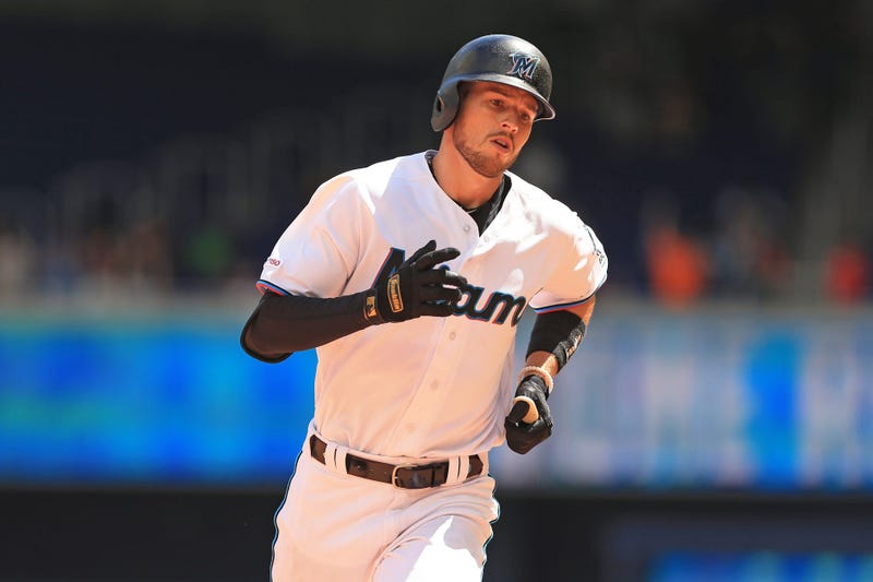 Miami Marlins shortstop JT Riddle (10) runs the bases after hitting a solo home run