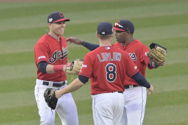 Apr 6, 2019; Cleveland, OH, USA; Cleveland Indians left fielder Jake Bauers (10), right fielder Jordan Luplow (8) and center fielder Greg Allen (1) celebrates after their game against Toronto Blue Jays at Progressive Field. Mandatory Credit: David Richard