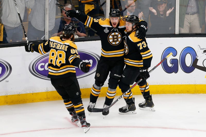 Bruins David Pastrnak, Charlie Coyle and Charlie McAvoy