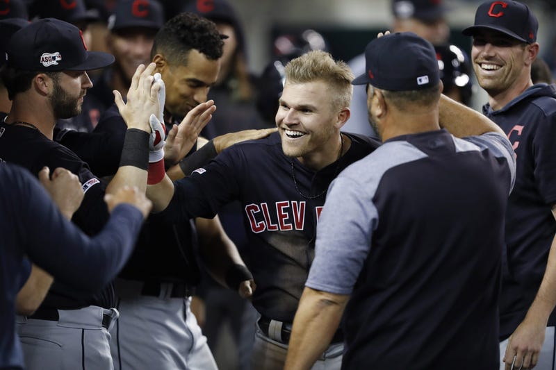 Jun 14, 2019; Detroit, MI, USA; Cleveland Indians left fielder Jake Bauers (10) celebrates with teammates in the dugout after hitting a two run home run against the Detroit Tigers during the eighth inning at Comerica Park. Mandatory Credit: Raj Mehta-USA