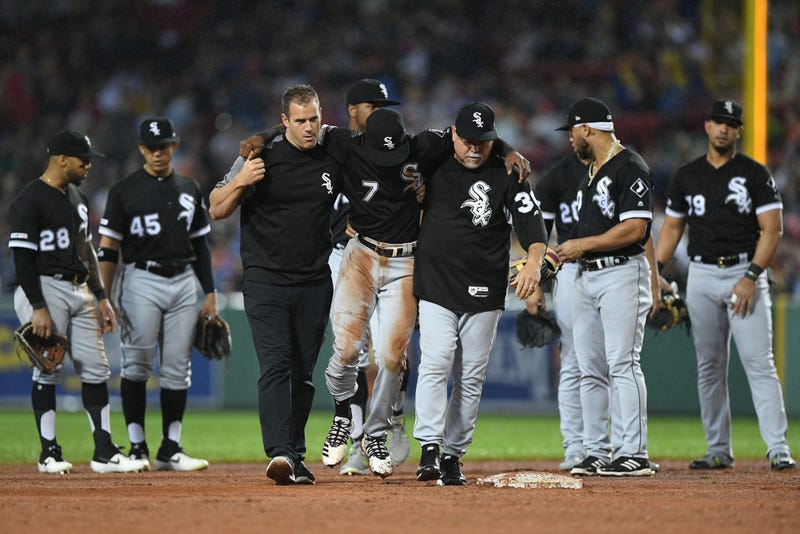 White Sox shortstop Tim Anderson (center) is helped off the after suffering an injury.