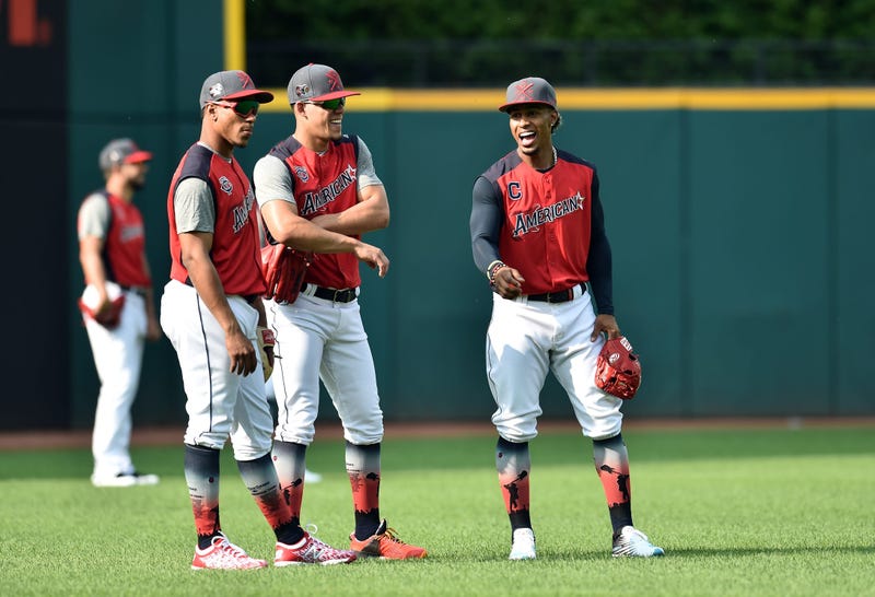 American League infielder Jorge Polanco of the Minnesota Twins (left), pitcher Jose Berrios of the Minnesota Twins (center) and infielder Francisco Lindor of the Cleveland Indians during workouts before the 2019 MLB All Star Game at Progressive Field.