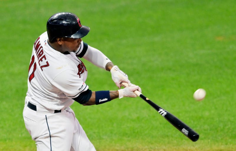 Jul 18, 2019; Cleveland, OH, USA; Cleveland Indians third baseman Jose Ramirez (11) hits a two-run home run against the Detroit Tigers in the sixth inning at Progressive Field. Mandatory Credit: David Richard-USA TODAY Sports