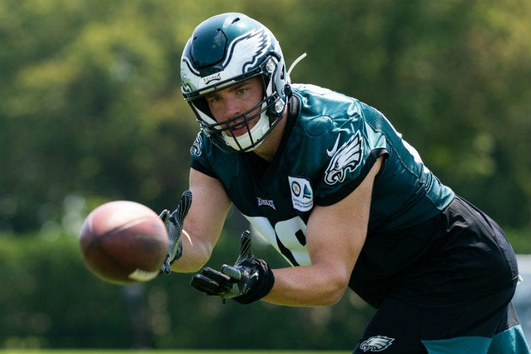 Jul 26, 2019; Philadelphia, PA, USA; Philadelphia Eagles tight end Zach Ertz (86) catches the ball during training camp at Novacare Complex.