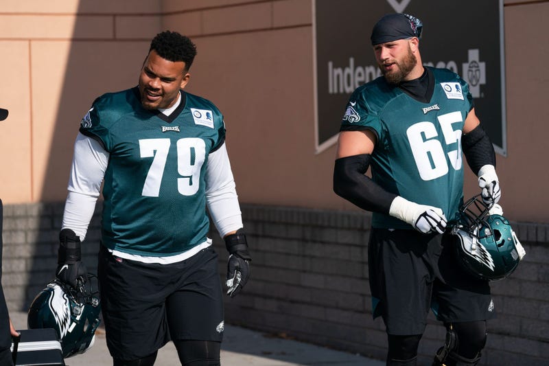 Philadelphia Eagles offensive tackle Lane Johnson (65) and offensive guard Brandon Brooks (79) during training camp at Novacare Complex.