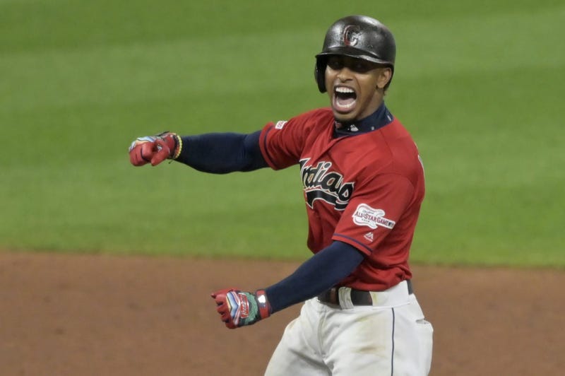 Aug 13, 2019; Cleveland, OH, USA; Cleveland Indians shortstop Francisco Lindor (12) reacts after hitting an RBI double in the ninth inning against the Boston Red Sox at Progressive Field. Mandatory Credit: David Richard-USA TODAY Sports