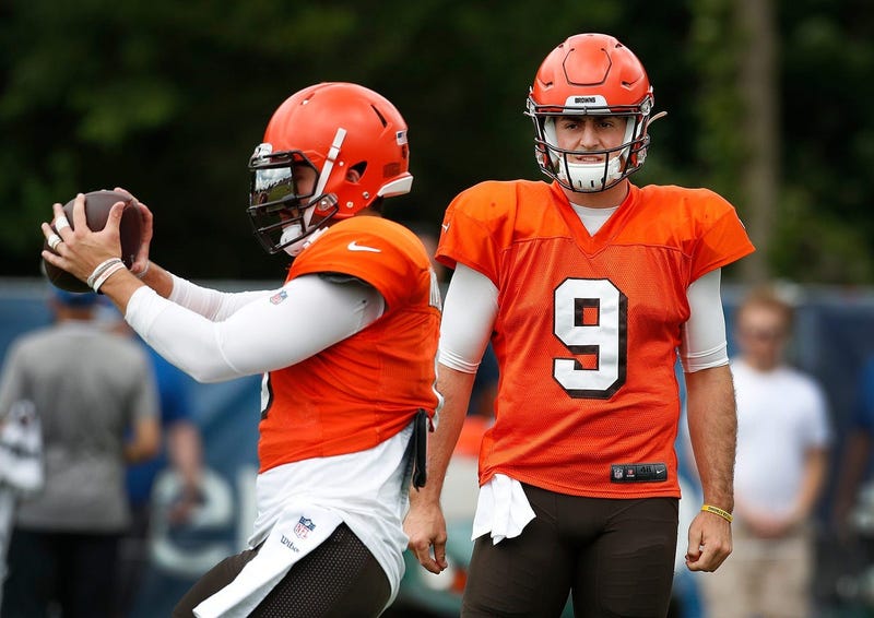 Former Purdue Boilermaker now Cleveland Browns quarterback David Blough (9) watches Browns quarterback Baker Mayfield (6) during their preseason training camp practice at Grand Park in Westfield on Wednesday, August 14, 2019. Colts Preseason Training Camp