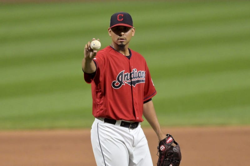 Sep 3, 2019; Cleveland, OH, USA; Cleveland Indians relief pitcher Carlos Carrasco (59) reacts in the eighth inning against the Chicago White Sox at Progressive Field. Mandatory Credit: David Richard-USA TODAY Sports