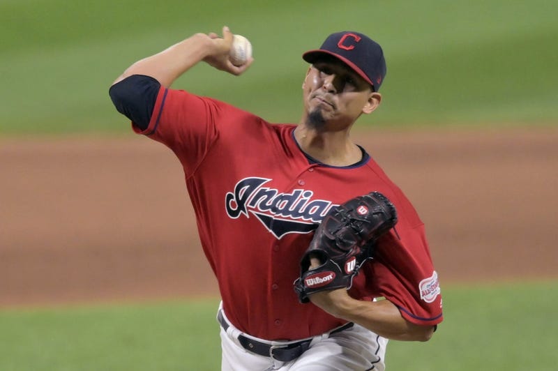Sep 3, 2019; Cleveland, OH, USA; Cleveland Indians starting pitcher Carlos Carrasco (59) delivers against the Chicago White Sox in the eighth inning at Progressive Field. Mandatory Credit: David Richard-USA TODAY Sports