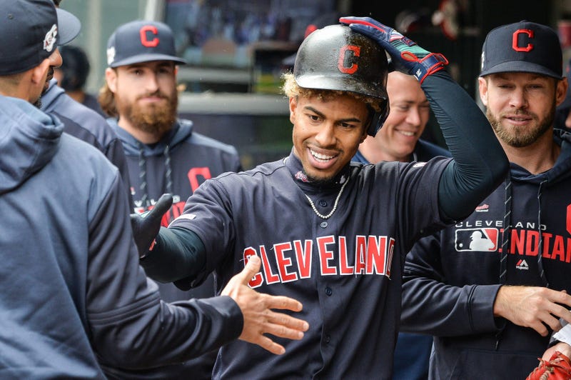Sep 8, 2019; Minneapolis, MN, USA; Cleveland Indians shortstop Francisco Lindor (12) reacts with teammates after hitting a home run off Minnesota Twins starting pitcher Devin Smeltzer (not shown) during the fifth inning at Target Field. Mandatory Credit:
