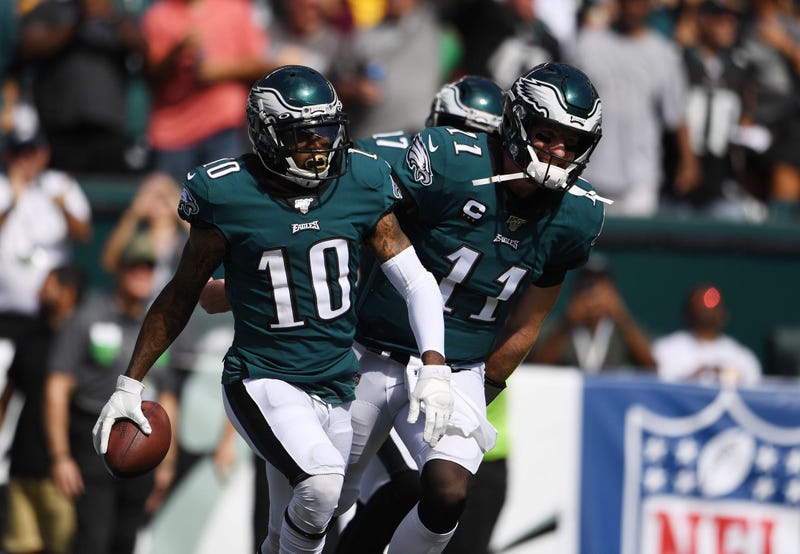 Philadelphia Eagles wide receiver DeSean Jackson (10) reacts after catching a touchdown pass from quarterback Carson Wentz (11) in the third quarter against the Washington Redskins at Lincoln Financial Field.