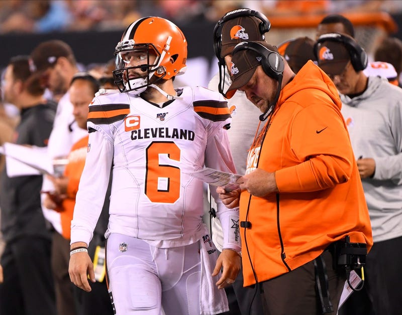Sep 16, 2019; East Rutherford, NJ, USA; Cleveland Browns quarterback Baker Mayfield (6) talks with Cleveland Browns head coach Freddie Kitchens during the first half against the New York Jets at MetLife Stadium. Mandatory Credit: Robert Deutsch-USA TODAY