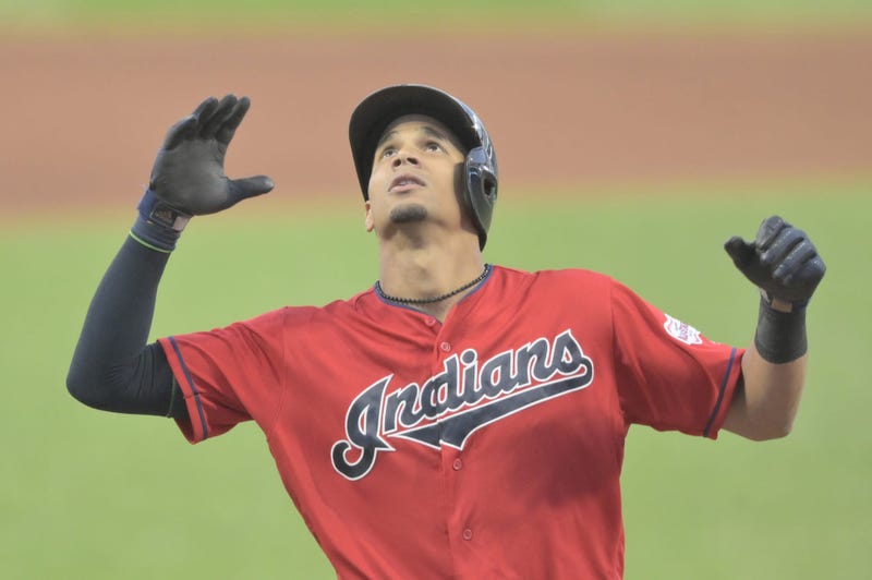 Sep 17, 2019; Cleveland, OH, USA; Cleveland Indians center fielder Oscar Mercado (35) celebrates his solo home run in the first inning against the Detroit Tigers at Progressive Field. Mandatory Credit: David Richard-USA TODAY Sports