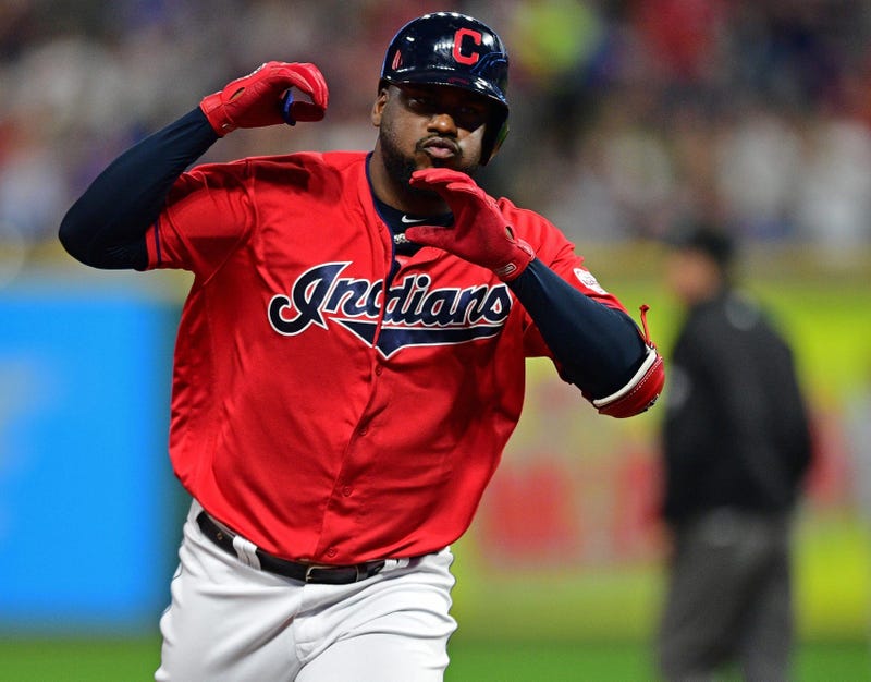 Sep 19, 2019; Cleveland, OH, USA; Cleveland Indians designated hitter Franmil Reyes (32) rounds the bases after hitting a two run home run during the fourth inning against the Detroit Tigers at Progressive Field. Mandatory Credit: David Dermer-USA TODAY S