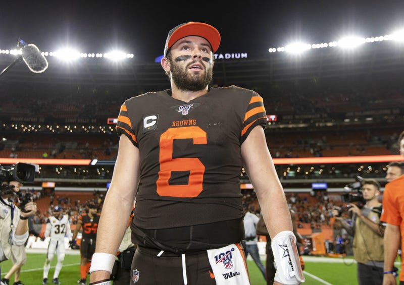 Sep 22, 2019; Cleveland, OH, USA; Cleveland Browns quarterback Baker Mayfield (6) after the game against the Los Angeles Rams at FirstEnergy Stadium. The Rams won 20-13. Mandatory Credit: Scott R. Galvin-USA TODAY Sports