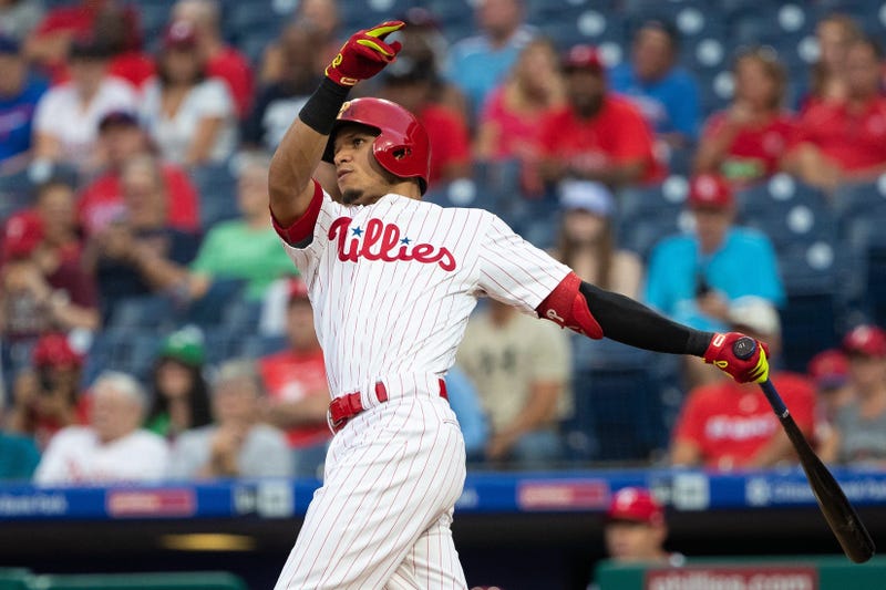 Sep 28, 2019; Philadelphia, PA, USA; Philadelphia Phillies second baseman Cesar Hernandez (16) hits a home run during the first inning against the Miami Marlins at Citizens Bank Park. Mandatory Credit: Bill Streicher-USA TODAY Sports