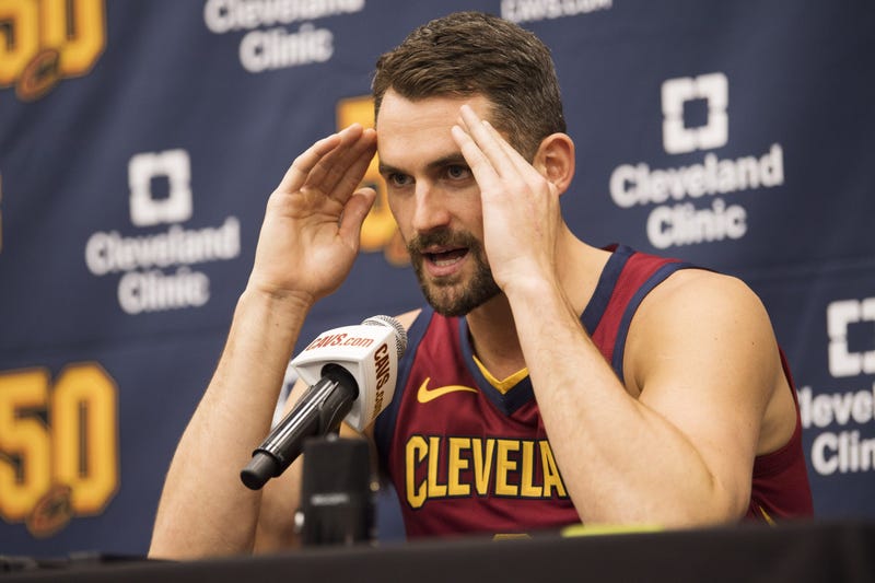 Sep 30, 2019; Independence, OH, USA; Cleveland Cavaliers forward Kevin Love (0) talks with the media during media day at Cleveland Clinic Courts. Mandatory Credit: Ken Blaze-USA TODAY Sports