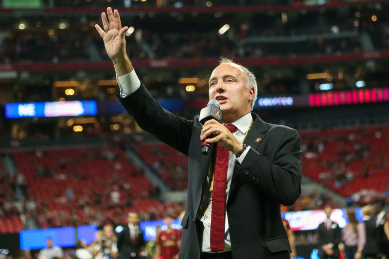 Oct 6, 2019; Atlanta, GA, USA; Atlanta United president Darren Eales addresses the crowd after a victory against the New England Revolution at Mercedes-Benz Stadium. Mandatory Credit: Brett Davis-USA TODAY Sports