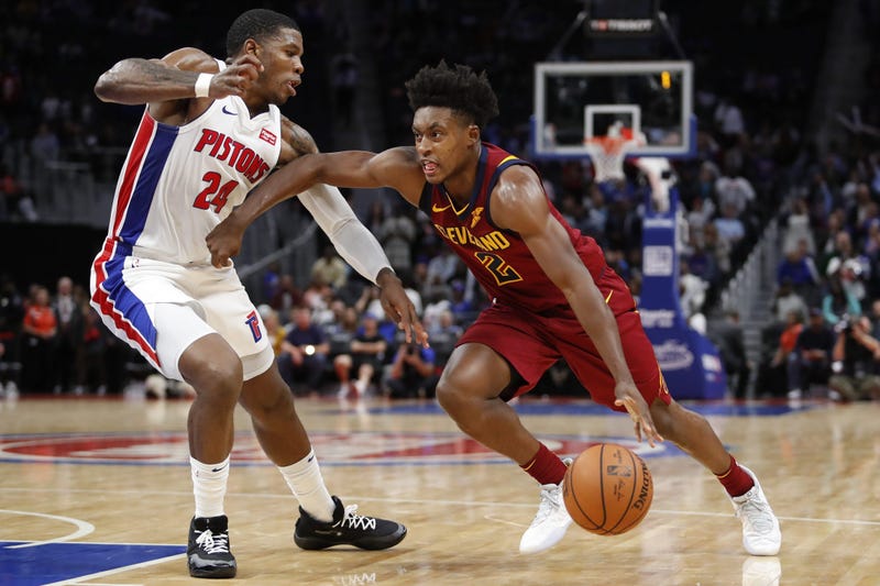 Oct 11, 2019; Detroit, MI, USA; Cleveland Cavaliers guard Collin Sexton (2) drives against Detroit Pistons guard Joe Johnson (24) during the fourth quarter at Little Caesars Arena. Mandatory Credit: Raj Mehta-USA TODAY Sports