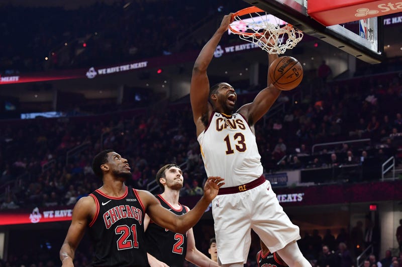 Oct 30, 2019; Cleveland, OH, USA; Cleveland Cavaliers center Tristan Thompson (13) dunks over Chicago Bulls forward Thaddeus Young (21) and forward Luke Kornet (2) during the first half at Rocket Mortgage FieldHouse. Mandatory Credit: Ken Blaze-USA TODAY